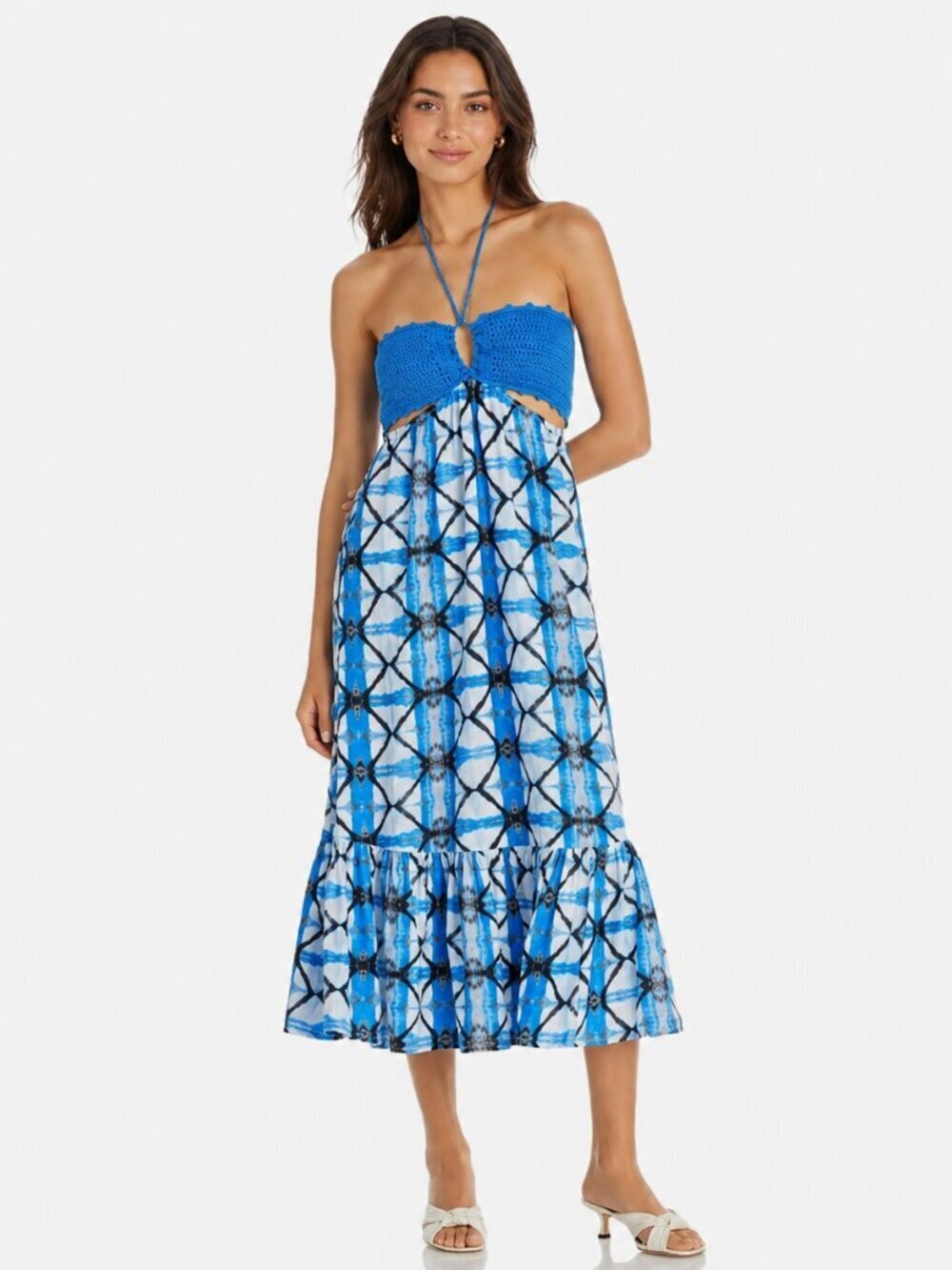 Aqua Blue Crochet Top Halter Midi Dress Summer Size XS